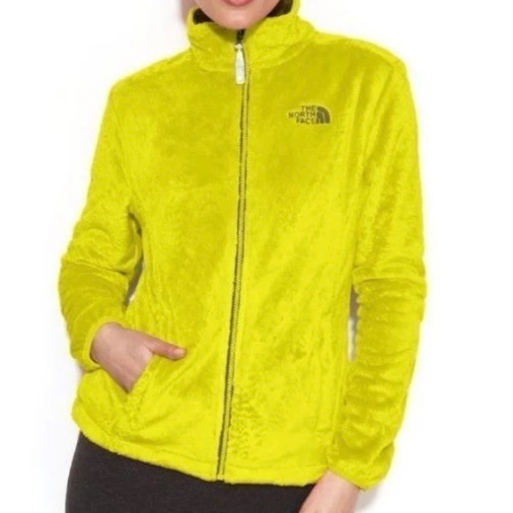 yellow fuzzy north face jacket